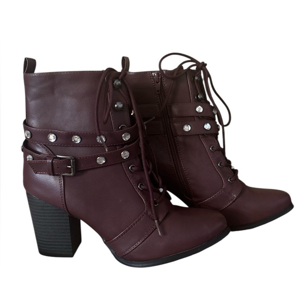 XOXOโWomen'sโ Lace Up Burgundy Combat Rhinestone Boots